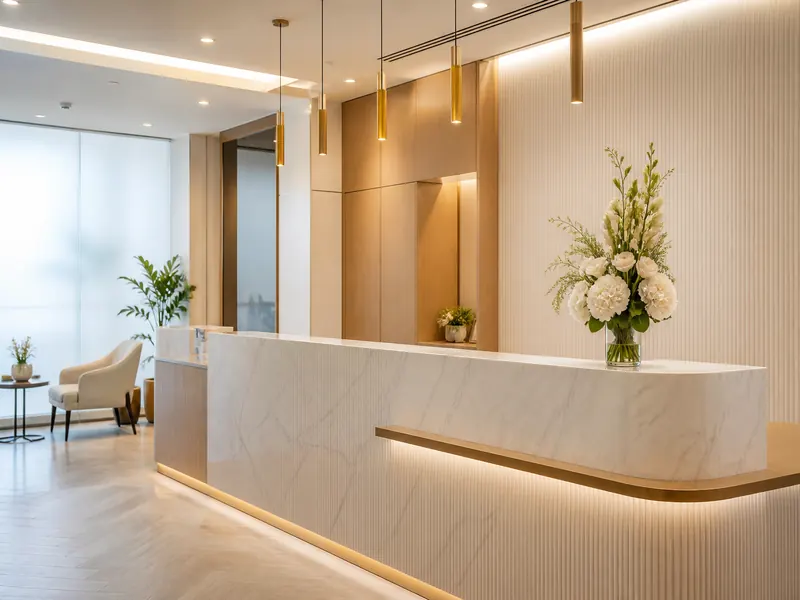 Premium clinic reception desk ready for patient questions