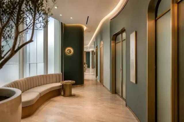 Calm clinic corridor with soft daylight